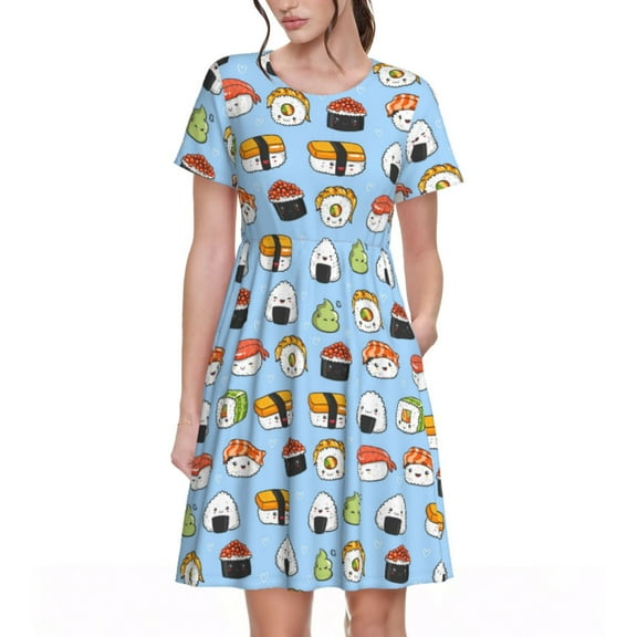 Picia Kawaii Sushi (2) Pattern Women's Short Sleeve Summer Dress Pleated Loose Swing Knee Length Short Sleeve Swing Dresses