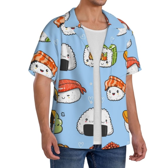 Picia Kawaii Sushi Men's Linen Shirts Short Sleeve Cuban Beach Shirts Casual Shirts Button Down Shirt for Men Beach Summer Wedding Shirt-3X-Large