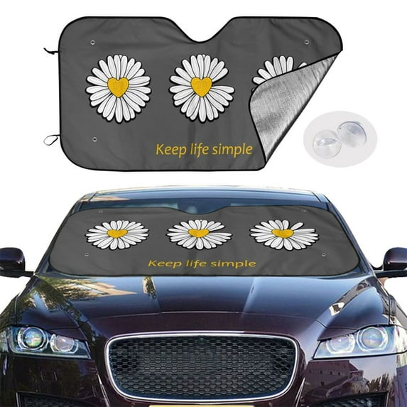 Picia Keep Life Simple Daisy Flower Curved Windshield Sunshade Accordion Folding Style Auto Shade for Car Truck SUV Van Blocks UV Ray Sun Visor Protector -