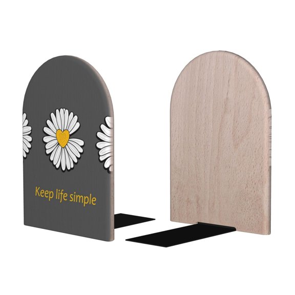 Picia Keep Life Simple Daisy Flower Pattern Wood Bookends for Shelves,Non-slip Bookends, Heavy Duty Wooden Bookend Support,1 Pair