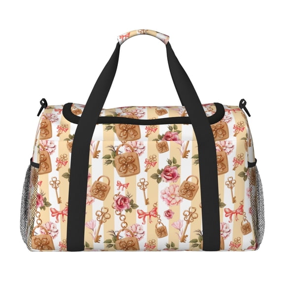 Picia Key Lock And Flowers Print Travel Duffle Bag,Weekender Bags for Women with Shoe Compartment, Gym Duffel Bag with Wet Pocket, Hospital Bags for Labor and Delivery