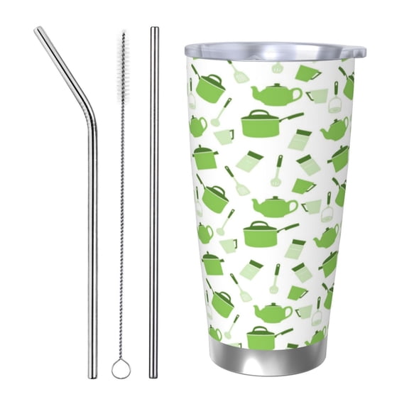 Picia Kitchen Utensiles Cooking Pots Pattern 20 oz Tumbler Stainless Steel Vacuum Insulated Coffee Ice Cup Double Wall Travel Flask Dual Lid Water Bottle, Eco-friendly Car Cup-Straw Three-piece Set