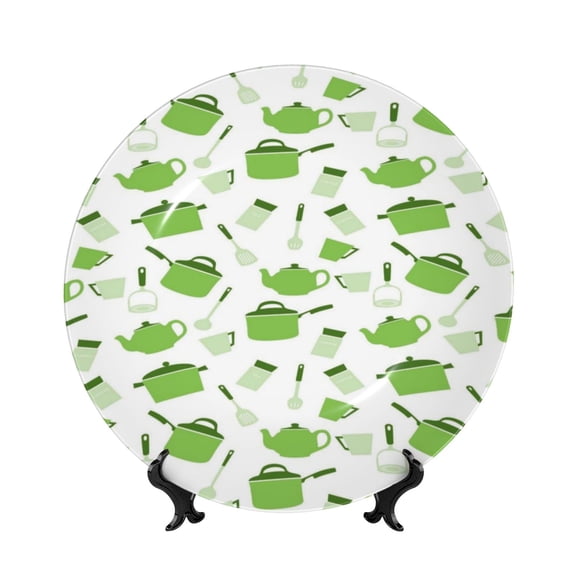 Picia Kitchen Utensiles Cooking Pots Pattern Bone China Decorative Plate – Wall Decor with Stand and Adhesive, Elegant Ornament for Living Room, Office, or Entryway-7in