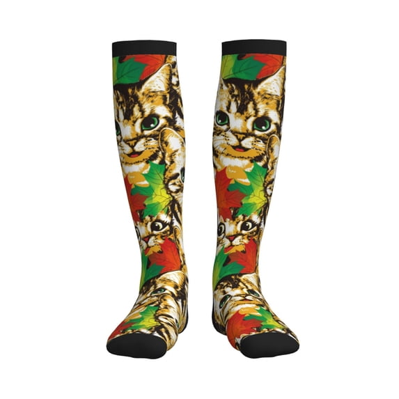 Picia Kittens With Maple Leaves Printed Sports Compression Socks - 15-20mmHg Graduated Compression, High-Performance Soft and Breathable Socks for Men and Women