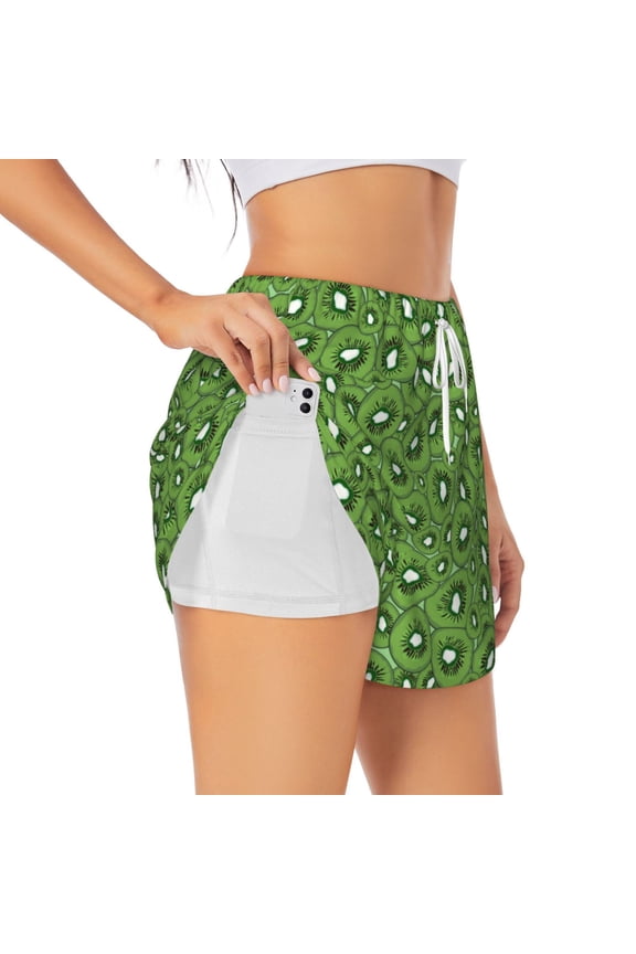 Kiwi Fruit Pattern Women's 2 in 1 Athletic Running Shorts High Waisted Workout Casual Gym Sweat Shorts with Comfy Liner Zipper Pockets-Medium