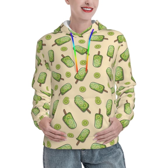 Picia Kiwi Ice Cream Pattern Casual Women's Hoodie, Hooded Sweatshirt with Kangaroo Pocket, Comfortable Pullover with Eye-catching Drawstrings-Medium