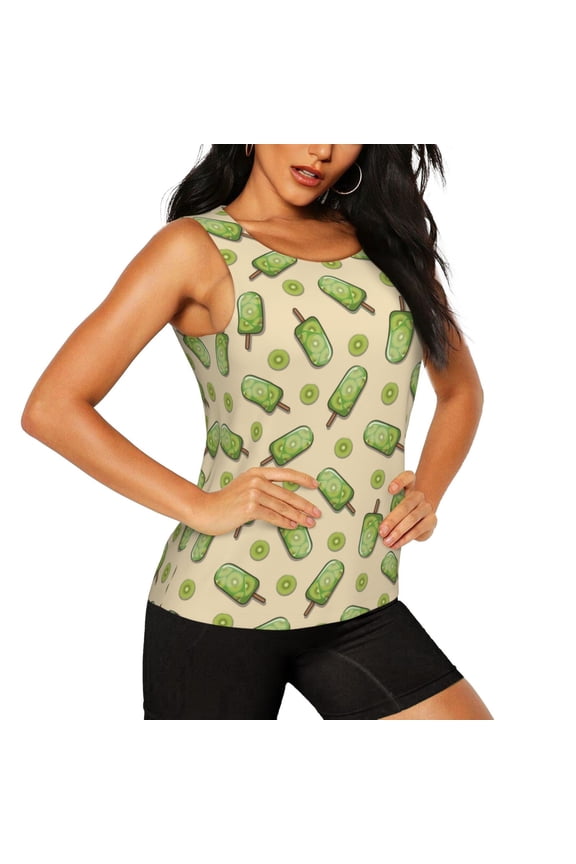 Kiwi Ice Cream Pattern Women's Workout Tank Top,Breathable Activewear,Slim Fit Athletic Top,Versatile Workout Moisture-wicking top-Large