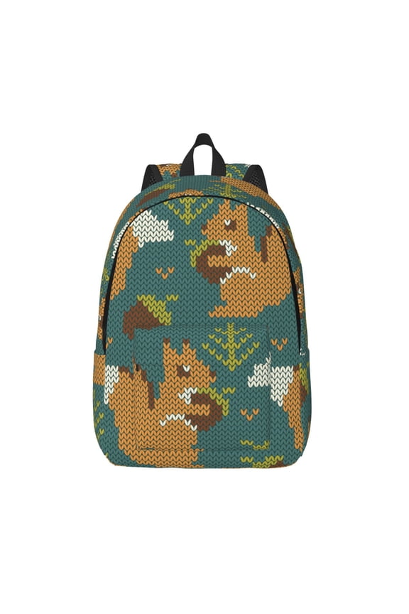 Knitted Woodland Squirrel Printed Canvas Daypack - Stylish and Durable Vintage Compact Backpack - Class, Work, Travel, or Laptop Bookbag,Organized Compartments-Medium