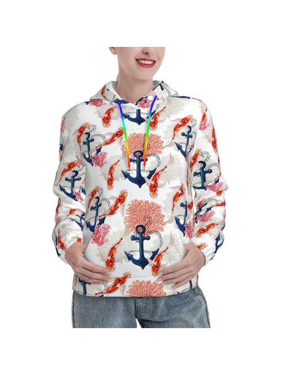 Koi Fish And Corals Pattern Casual Women's Hoodie, Hooded Sweatshirt with Kangaroo Pocket, Comfortable Pullover with Eye-catching Drawstrings-Large