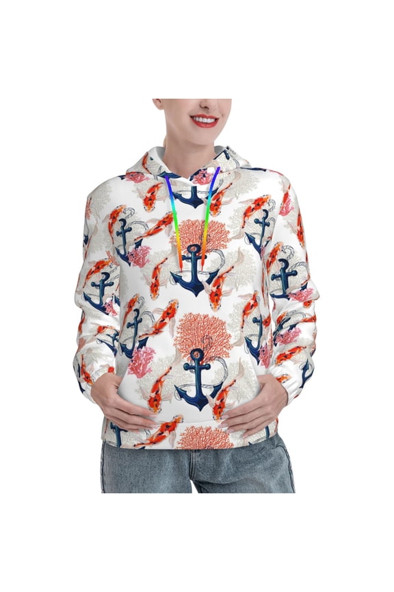 Koi Fish And Corals Pattern Casual Women's Hoodie, Hooded Sweatshirt with Kangaroo Pocket, Comfortable Pullover with Eye-catching Drawstrings-Large