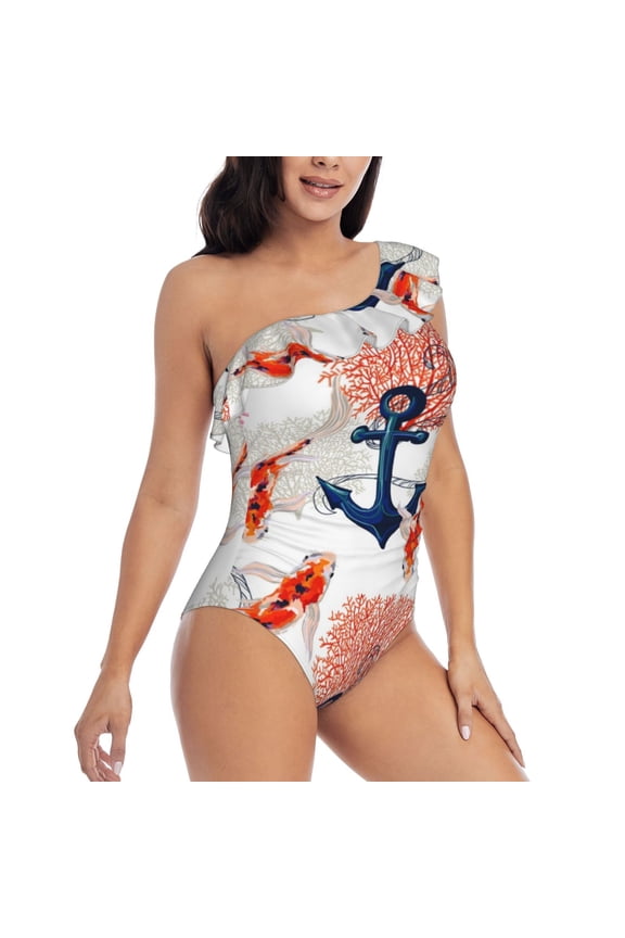 Koi Fish And Corals Pattern Women's One Piece Swimsuits,One Shoulder Swimwear Asymmetric ,Ruffle Monokinis Bathing Suits,High Waisted Flattering Bathing Suits-Large
