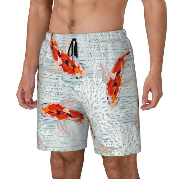 Picia Koi Fish Corals,Spring Summer pattern Mens Swim Trunks with Compression Liner Stretch Beach Shorts Quick Dry with Zipper Pockets No-Chafing Board Shorts-3X-Large