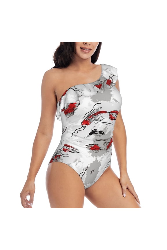 Koi Fish Pattern Women's One Piece Swimsuits,One Shoulder Swimwear Asymmetric ,Ruffle Monokinis Bathing Suits,High Waisted Flattering Bathing Suits-Large
