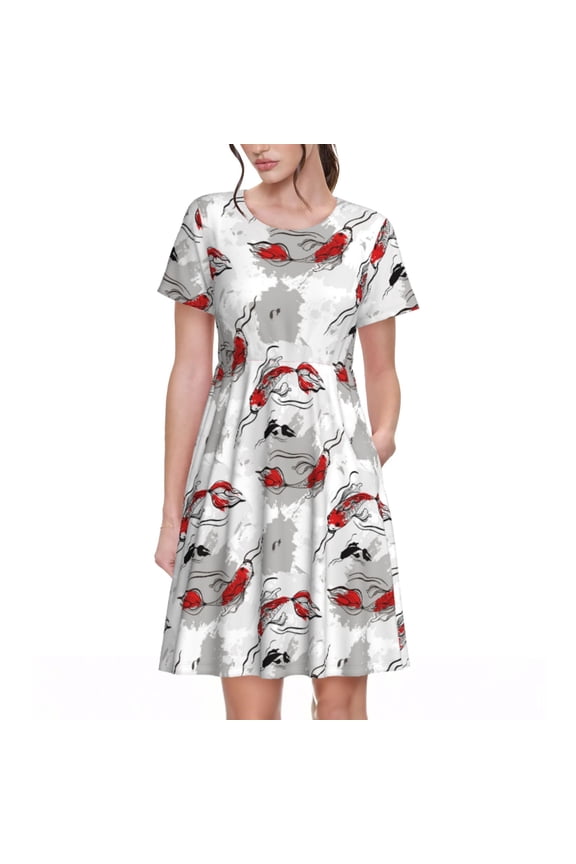 Koi Fish Pattern Women's Short Sleeve Summer Dress Pleated Loose Swing Knee Length Short Sleeve Swing Dresses