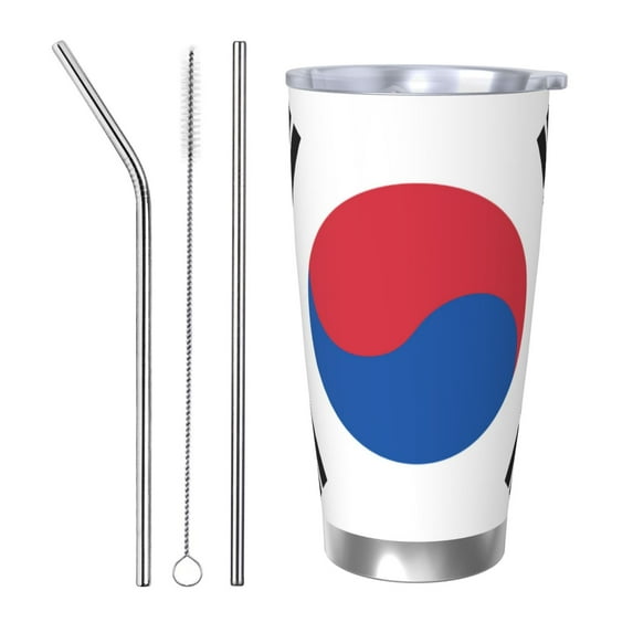 Picia Korea Pattern 20 oz Tumbler Stainless Steel Vacuum Insulated Coffee Ice Cup Double Wall Travel Flask Dual Lid Water Bottle, Eco-friendly Car Cup-Straw Three-piece Set