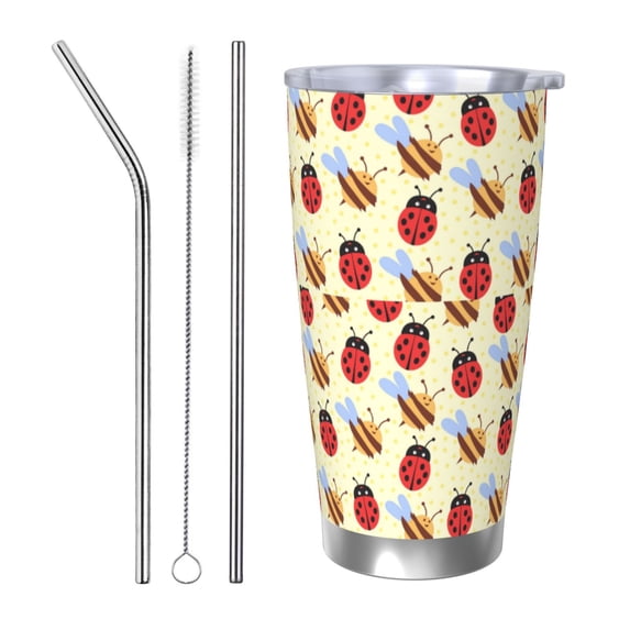Picia Ladybug And Bee Pattern 20 oz Tumbler Stainless Steel Vacuum Insulated Coffee Ice Cup Double Wall Travel Flask Dual Lid Water Bottle, Eco-friendly Car Cup-Straw Three-piece Set