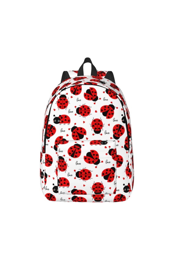 Ladybug And Heart Printed Canvas Daypack - Stylish and Durable Vintage Compact Backpack - Class, Work, Travel, or Laptop Bookbag,Organized Compartments-Medium