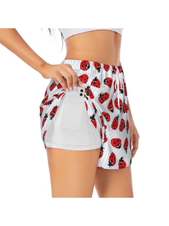 Ladybug On Blue Stripes Pattern Women's 2 in 1 Athletic Running Shorts High Waisted Workout Casual Gym Sweat Shorts with Comfy Liner Zipper Pockets-Medium