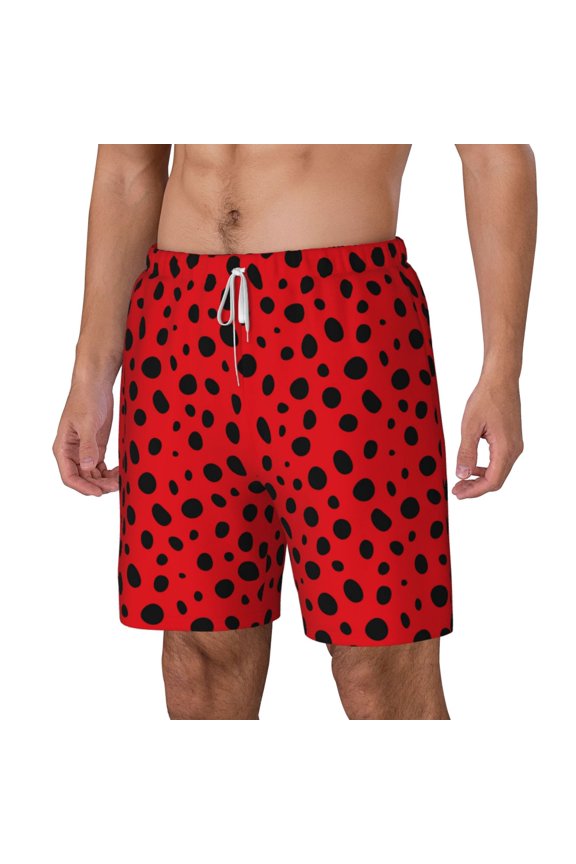 Ladybug Dotted pattern Mens Swim Trunks with Compression Liner Stretch Beach Shorts Quick Dry with Zipper Pockets No-Chafing Board Shorts-Medium