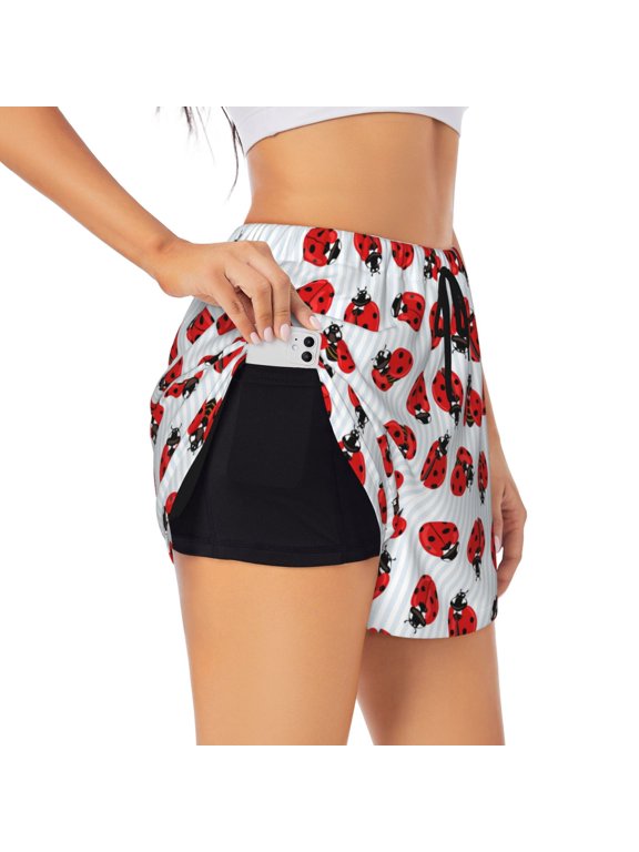Ladybug On Blue Stripes Pattern Women's 2 in 1 Athletic Running Shorts High Waisted Workout Casual Gym Sweat Shorts with Comfy Liner Zipper Pockets-XX-Large