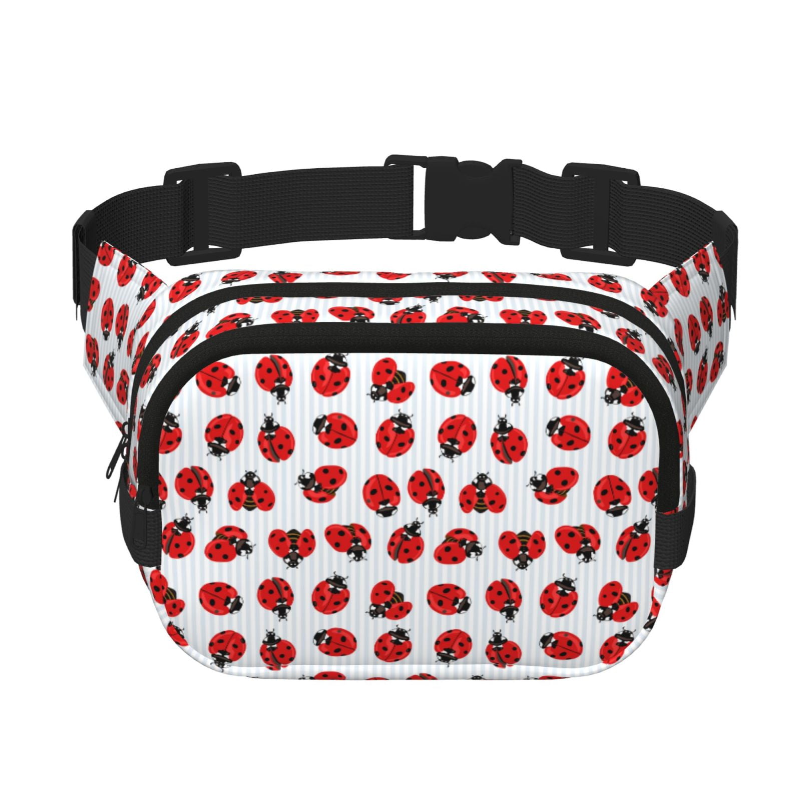 Picia Ladybug On Blue Stripes Print Square Double-Layer Waist Bag Mini Adjustable Waist Belt Bag Exercise Running Travel Hiking