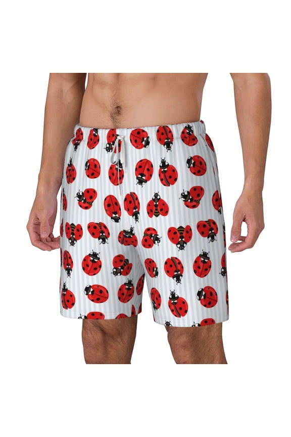 Ladybug On Blue Stripes pattern Mens Swim Trunks with Compression Liner Stretch Beach Shorts Quick Dry with Zipper Pockets No-Chafing Board Shorts-Small