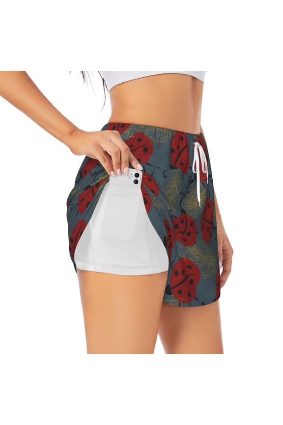Ladybug Pattern Women's 2 in 1 Athletic Running Shorts High Waisted Workout Casual Gym Sweat Shorts with Comfy Liner Zipper Pockets-XX-Large
