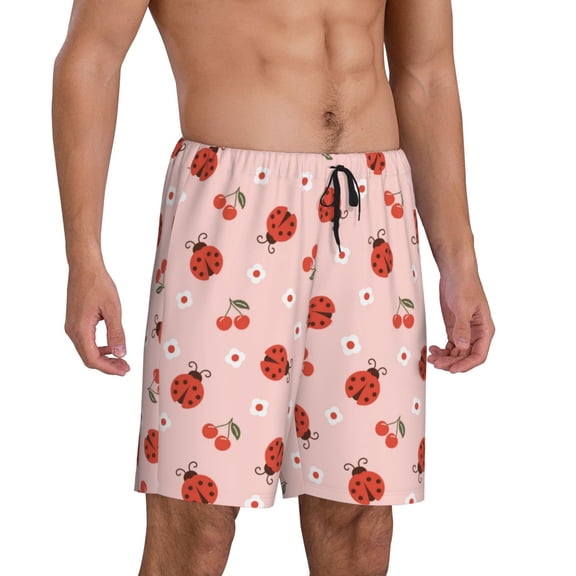 Picia Ladybug With Flower Pajama Shorts for Men, Men's Pajama Bottoms, Sleepwear,Short Pajama Pants-Small