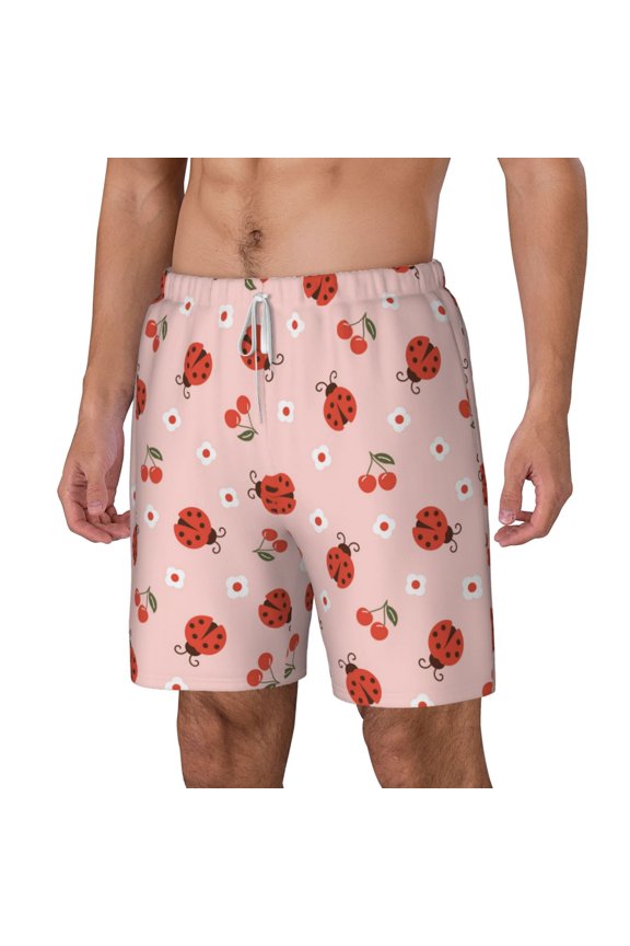 Ladybug With Flower pattern Mens Swim Trunks with Compression Liner Stretch Beach Shorts Quick Dry with Zipper Pockets No-Chafing Board Shorts-Small