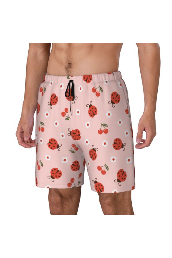 Ladybug With Flower pattern Mens Swim Trunks with Compression Liner Stretch Beach Shorts Quick Dry with Zipper Pockets No-Chafing Board Shorts-Small