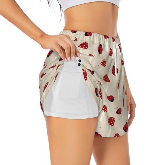 Picia Ladybug With Mushroom Pattern Women's 2 in 1 Athletic Running Shorts High Waisted Workout Casual Gym Sweat Shorts with Comfy Liner Zipper Pockets-Medium