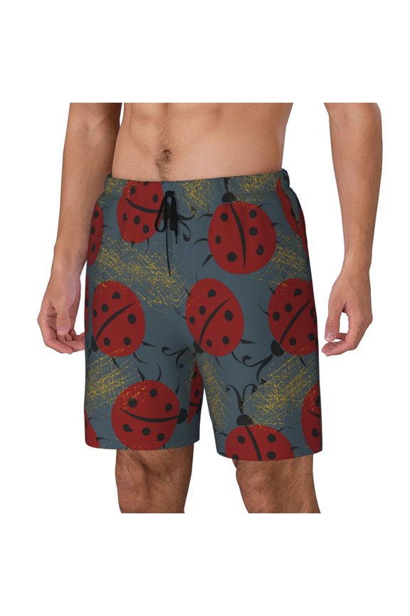 Ladybug pattern Mens Swim Trunks with Compression Liner Stretch Beach Shorts Quick Dry with Zipper Pockets No-Chafing Board Shorts-Small