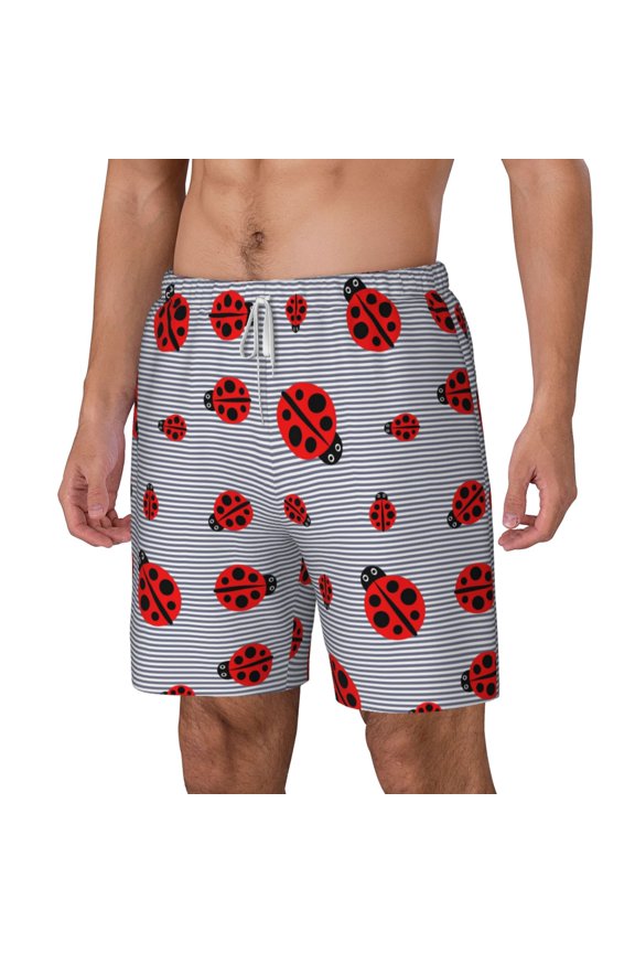 Ladybug pattern Mens Swim Trunks with Compression Liner Stretch Beach Shorts Quick Dry with Zipper Pockets No-Chafing Board Shorts-Small