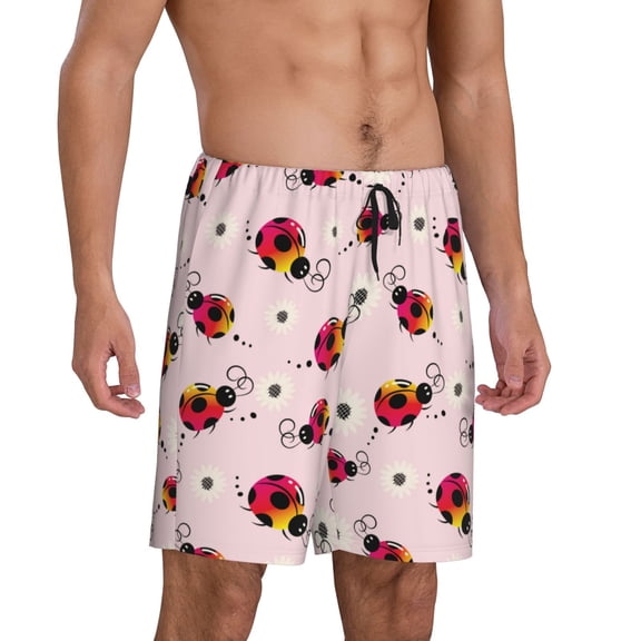 Picia Ladybugs And Flower Pajama Shorts for Men, Men's Pajama Bottoms, Sleepwear,Short Pajama Pants-Small