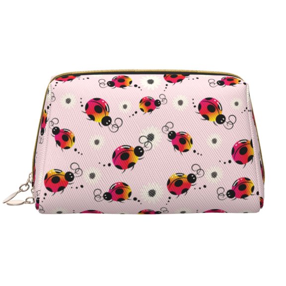 Picia Ladybugs And Flower Print Leather Makeup Bag Make Up Bag Travel Toiletry Bag for Her Girlfriend Teacher Teen Girl Gifts
