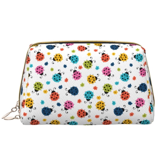 Picia Ladybugs And Flowers Print Leather Makeup Bag Make Up Bag Travel Toiletry Bag for Her Girlfriend Teacher Teen Girl Gifts