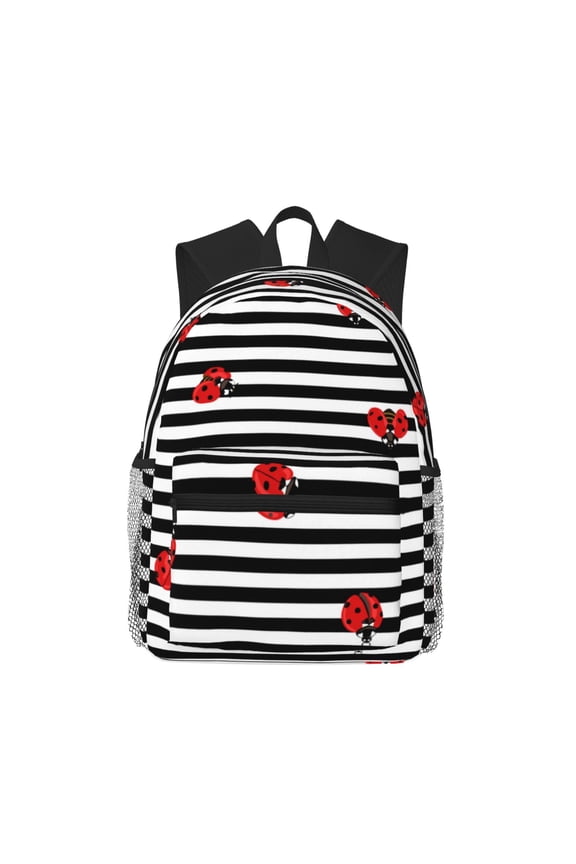 Ladybugs on Black and White Striped Large Capacity Backpack Classic Style Backpack Casual Backpack Water-Resistant School Work Travel Outdoor Backpack