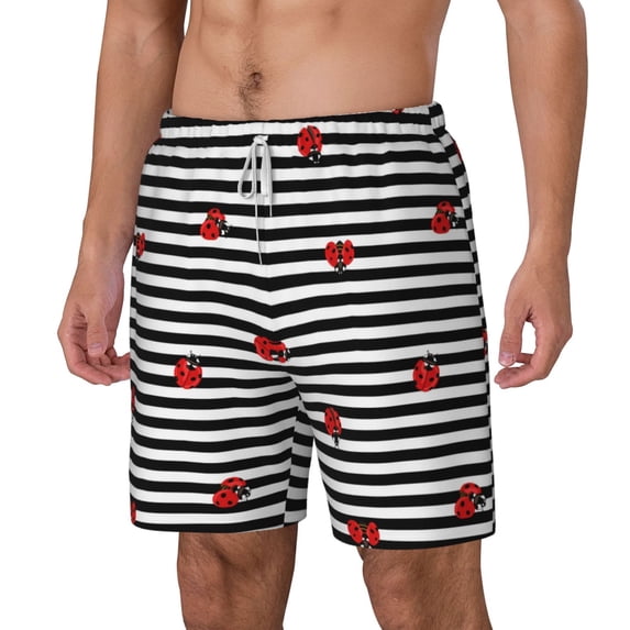 Picia Ladybugs on Black and White Striped pattern Mens Swim Trunks with Compression Liner Stretch Beach Shorts Quick Dry with Zipper Pockets No-Chafing Board Shorts-Large