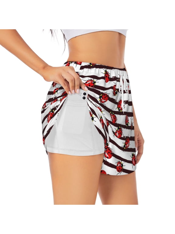 Ladybugs on Black and White Striped1 Pattern Women's 2 in 1 Athletic Running Shorts High Waisted Workout Casual Gym Sweat Shorts with Comfy Liner Zipper Pockets-X-Large