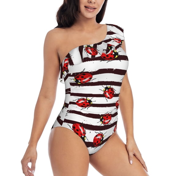 Picia Ladybugs on Black and White Striped1 Pattern Women's One Piece Swimsuits,One Shoulder Swimwear Asymmetric ,Ruffle Monokinis Bathing Suits,High Waisted Flattering Bathing Suits-