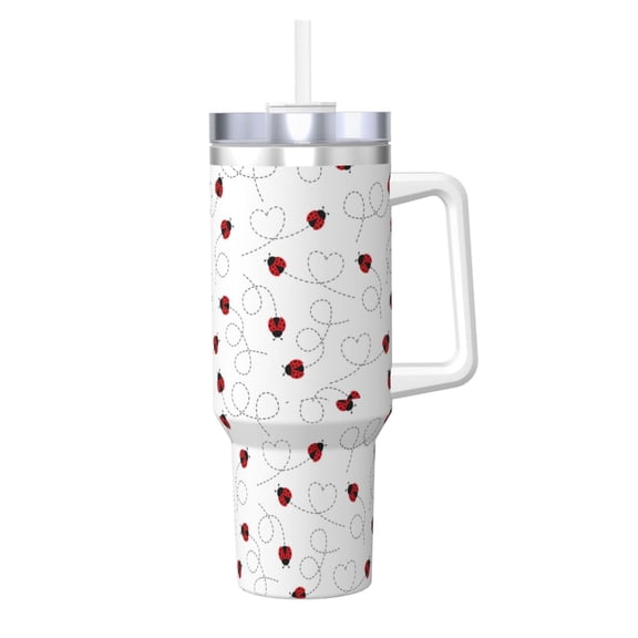 Picia Ladybugs Flying On Dotted Route Pattern 40oz Ice Bully Insulated Tumbler with Handle, Double-Wall Stainless Steel Cup, Leak-Proof Lid and Straw