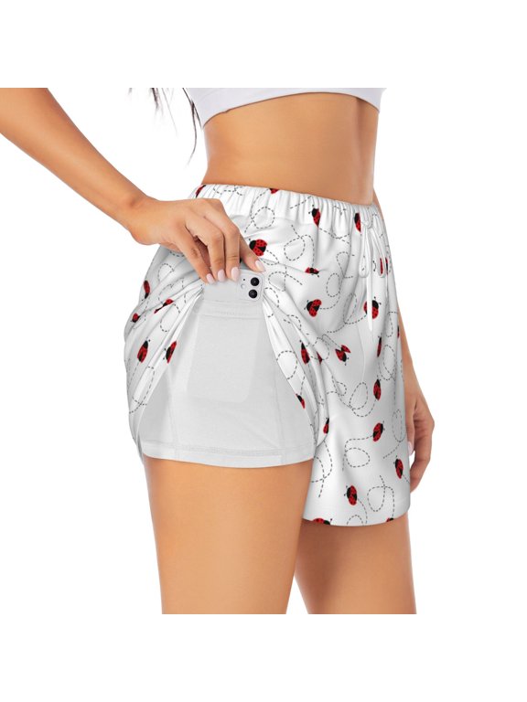 Ladybugs Flying On Dotted Route Pattern Women's 2 in 1 Athletic Running Shorts High Waisted Workout Casual Gym Sweat Shorts with Comfy Liner Zipper Pockets-Small