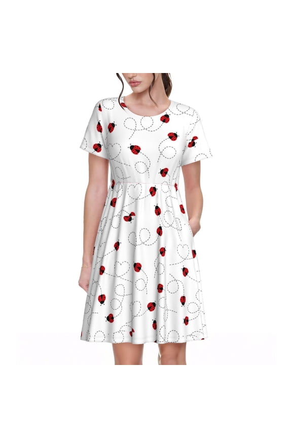 Ladybugs Flying On Dotted Route Pattern Women's Short Sleeve Summer Dress Pleated Loose Swing Knee Length Short Sleeve Swing Dresses