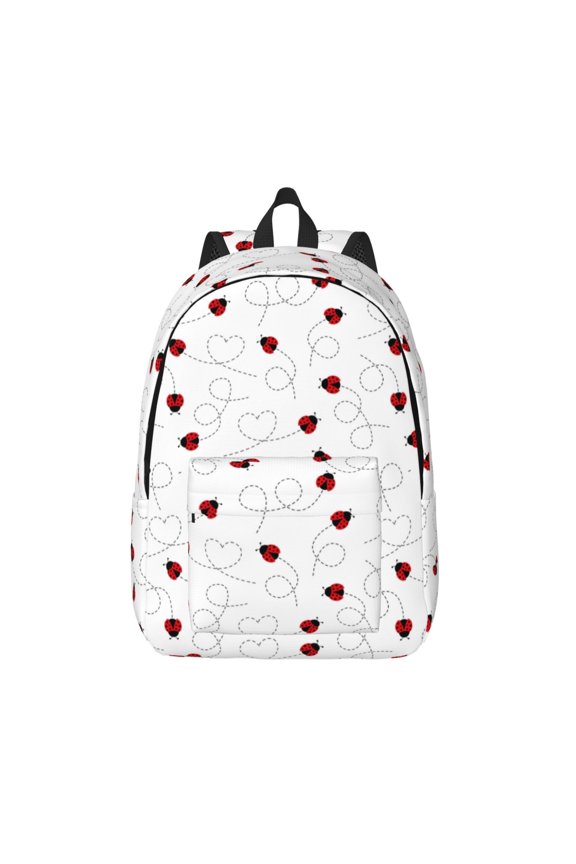Ladybugs Flying On Dotted Route Printed Canvas Daypack - Stylish and Durable Vintage Compact Backpack - Class, Work, Travel, or Laptop Bookbag,Organized Compartments-Medium