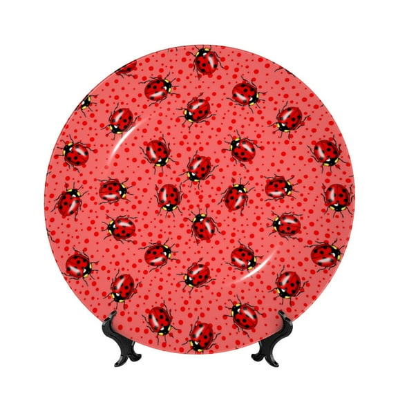 Picia Ladybugs On Red Polka Dot Pattern Bone China Decorative Plate – Wall Decor with Stand and Adhesive, Elegant Ornament for Living Room, Office, or Entryway-