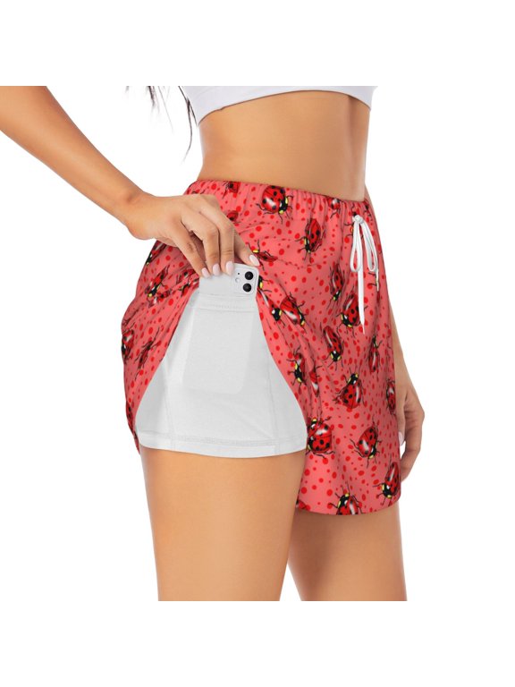 Ladybugs On Red Polka Dot Pattern Women's 2 in 1 Athletic Running Shorts High Waisted Workout Casual Gym Sweat Shorts with Comfy Liner Zipper Pockets-Large