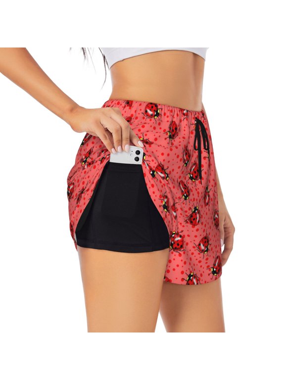 Ladybugs On Red Polka Dot Pattern Women's 2 in 1 Athletic Running Shorts High Waisted Workout Casual Gym Sweat Shorts with Comfy Liner Zipper Pockets-XX-Large