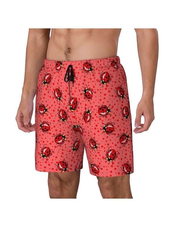 Ladybugs On Red Polka Dot pattern Mens Swim Trunks with Compression Liner Stretch Beach Shorts Quick Dry with Zipper Pockets No-Chafing Board Shorts-Small