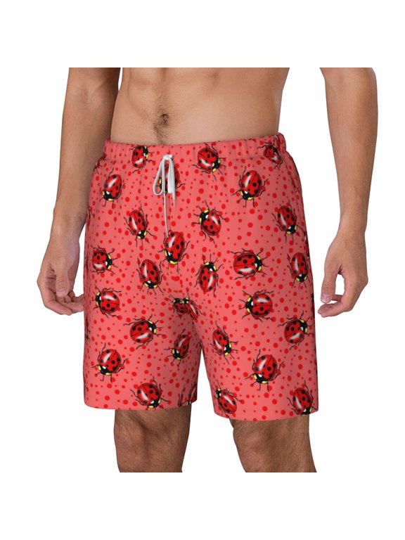 Ladybugs On Red Polka Dot pattern Mens Swim Trunks with Compression Liner Stretch Beach Shorts Quick Dry with Zipper Pockets No-Chafing Board Shorts-X-Large