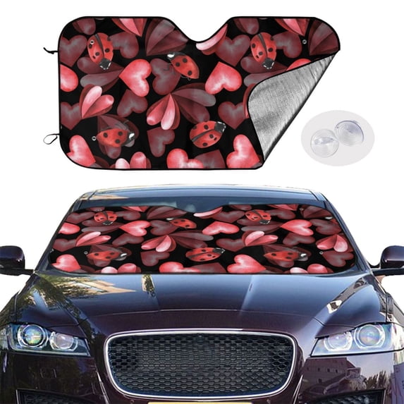 Picia Ladybugs and Red Hearts Curved Windshield Sunshade Accordion Folding Style Auto Shade for Car Truck SUV Van Blocks UV Ray Sun Visor Protector -Small